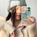 Jusy Case for iPhone 17, Colorful Retro Oil Painting Printed Flower Laser Blue Glossy Pattern Cute Curly Wave Phone Case Soft TPU Cover for Girly Women -Blue