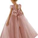 JISISANG Flower Girls Lace Cap Sleeve Dress for Wedding Puffy Tulle Back V-Neck Pageant Prom Ball Gown with Bow (6, Dusty Rose)