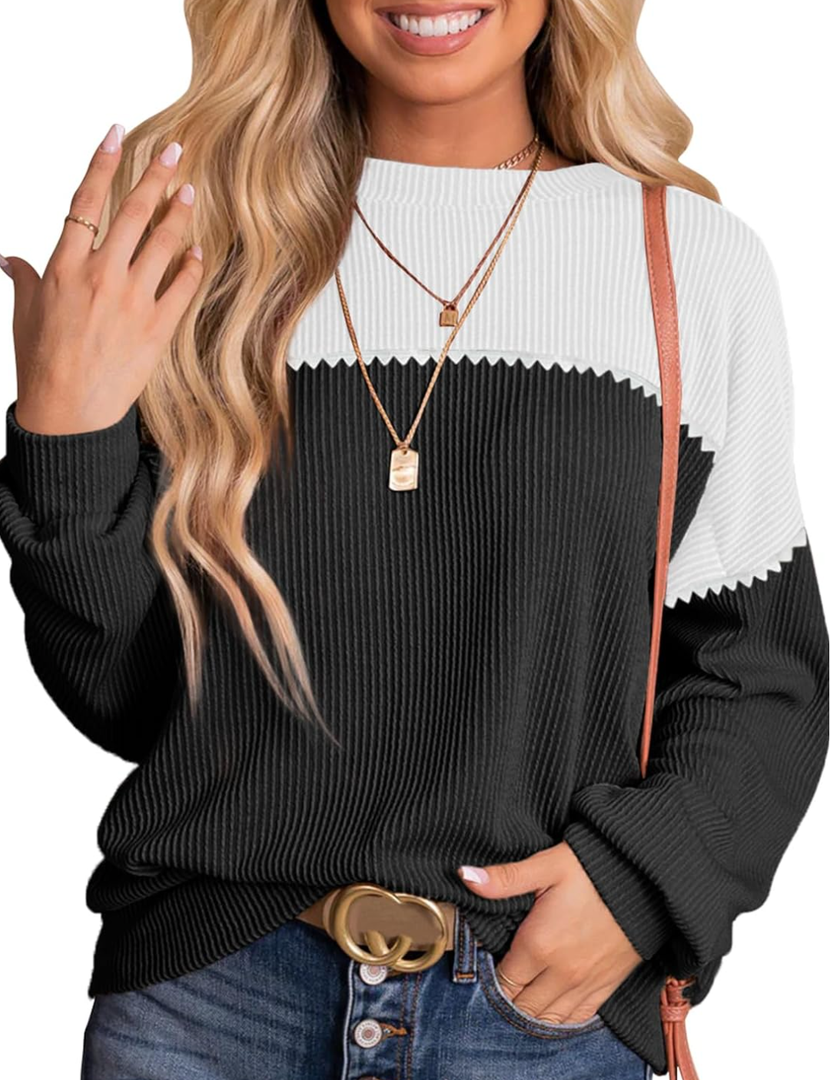 Dokotoo Womens Tops Fashion 2025 Color Block Long Sleeve Shirts Crewneck Knitted Casual Loose Pullover Blouses Large , Black/White 