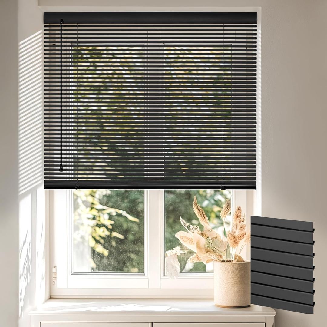 L-Shaped Mini Blinds Cordless Venetian Blind Room Darkening Horizontal Window Blinds Protecting Privacy Mini Blinds for Office Bathroom Living Room, Black, Custom Size