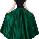 Ladies 90cm Satin Maxi Midi Skirt Long Dress Elastic Waist for Belly Dance Princess Party Cosplay Costume (One Size, Deep Green)