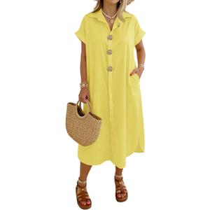 Wenrine Womens Summer Shirt Dress Casual Short Sleeve Button Maxi Dresses Beach Cover Up with Pockets, Small