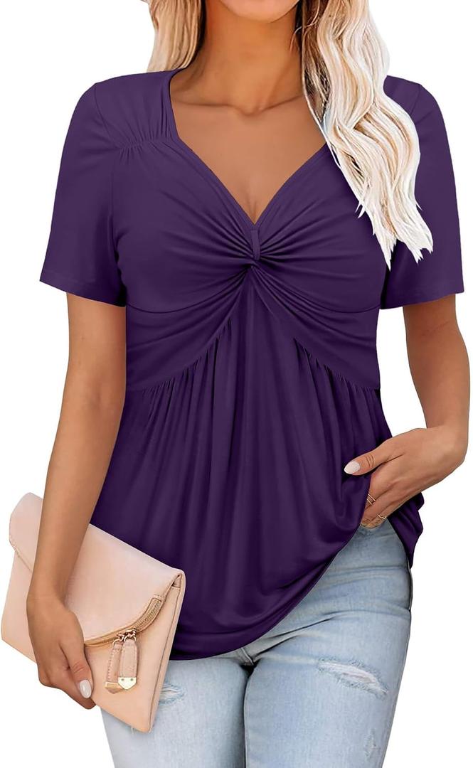 ONLYSHE Womens V Neck Shirts Short Sleeve Tops Front Knotted T Shirt Casual Solid&Floral Tunic Summer Henley Tees Blouse (S)