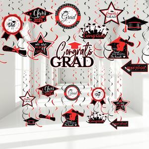 Sumind 30 Pcs Graduation Party Hanging Swirl Decorations Class of 2026 Congrats Grad Supplies Hat Foil Ceiling Streamers for 2026 Senior Prom Party(Glitter Red Black)
