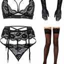 Women Lingerie with Stockings and Gloves or Eye-mask,Garter Belt Lingerie Set (Medium, Black)