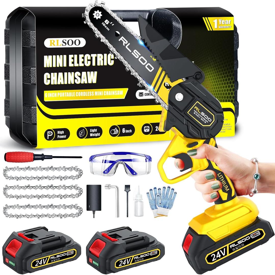 Mini Chainsaw 6 Inch Upgraded Portable Electric Chainsaw Cordless, Tree Trimming Wood Cutting, Courtyard and Garden (2 Batteries and 3 Chains Included)