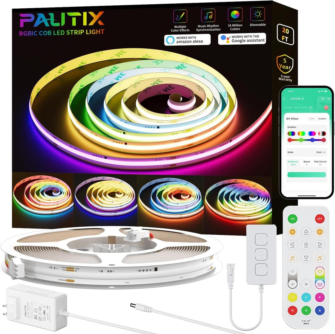 PAUTIX RGB Smart IC COB LED Strip Lights,Work with Alexa/Google Assistant,20ft/6.1m Addressable UL-Listed 24V Chasing Color Flexible Tape Light Multicolor,for Cabinet,TV,Bedroom,Party DIY Decoration