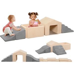 Foam Climbing Toys for Toddlers, 6PCS Climb and Crawl Activity Playset, Soft Foam Climbing Blocks Indoor, Toddler Play Climbing and Ball Pit with Slide Stairs and Ramp (Grey & Beige)