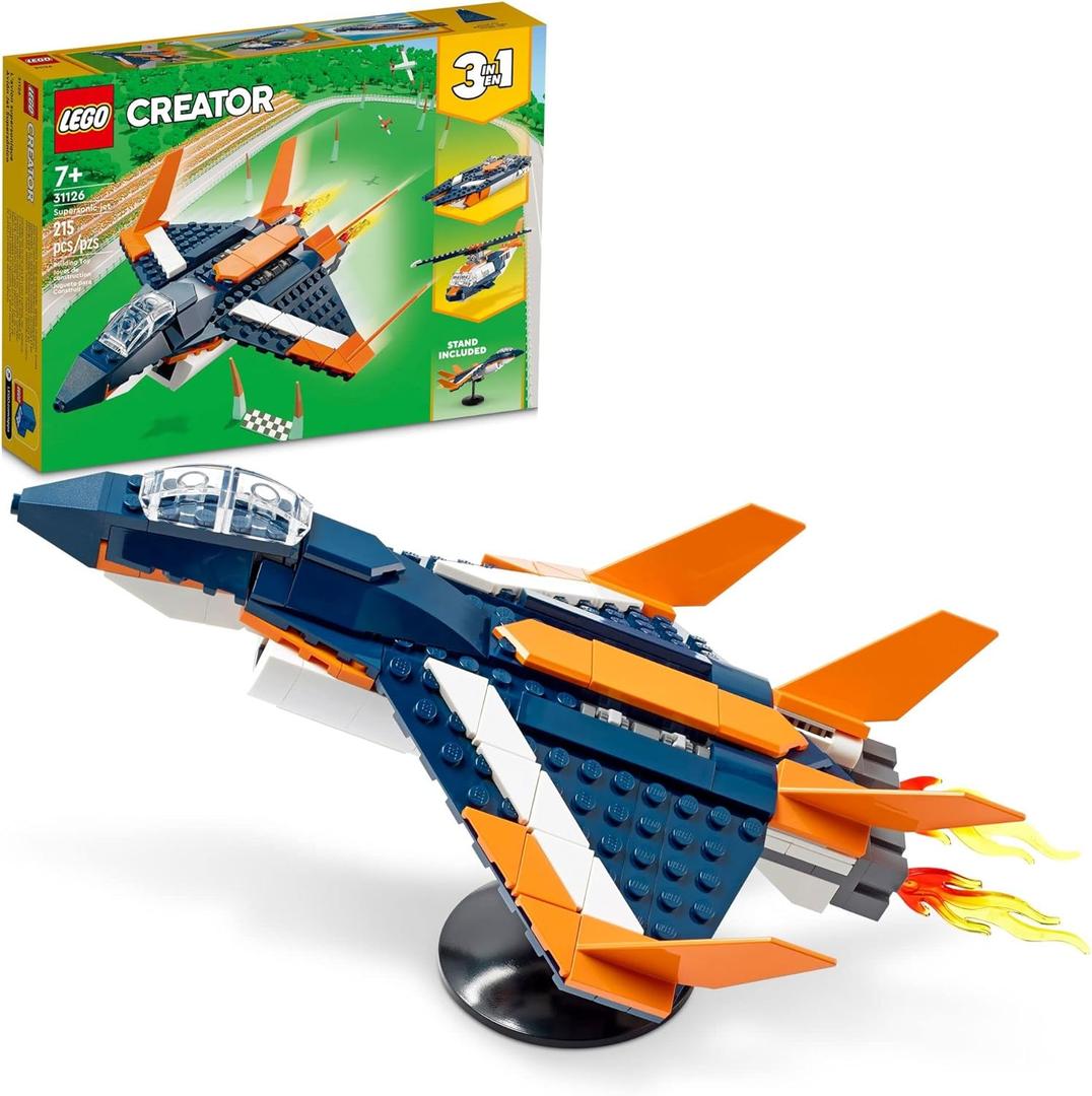LEGO Creator 3 in 1 Supersonic Jet Plane Toy Set, Transforms from Plane to Helicopter to Speed Boat Toy, Buildable Vehicle Models for Kids, Boys and Girls 7 Plus Years Old, 31126