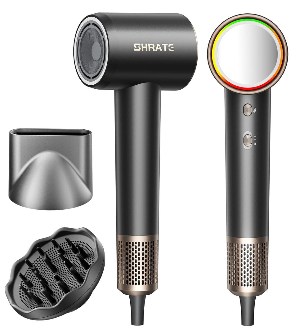 SHRATE Professional High Speed Ionic Hair Dryer | Ultra-Fast Drying | 500 Million Negative Ions | Low Noise | 160000 RPM | Compact Blow Dryer with Magnetic Diffuser for Faster Drying All Hair Types (Black)