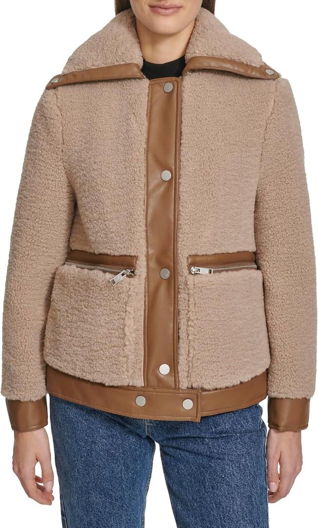 Andrew Marc Women's Classic Aviator Style Cozy Mixed Media Faux Sherpa Jacket, Size: Large
