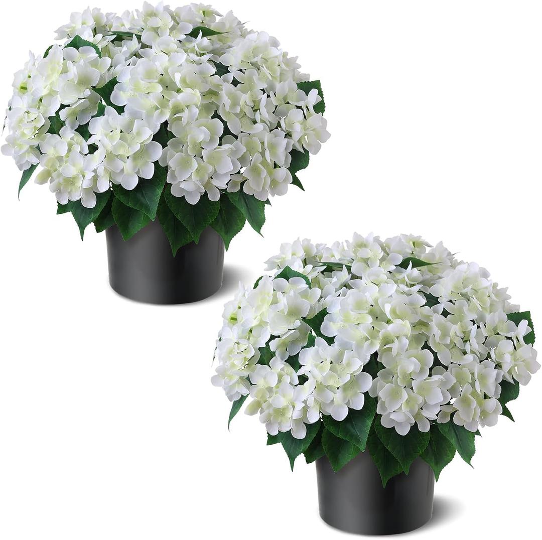 Artificial Hydrangea Flower Topiary Trees - 2 Sets Faux Silk Flower Potted Plant, UV Resistant Fake Outdoor Hydrangea Bush for Front Door, Farmhouse,Garden, Porch Decor (White)