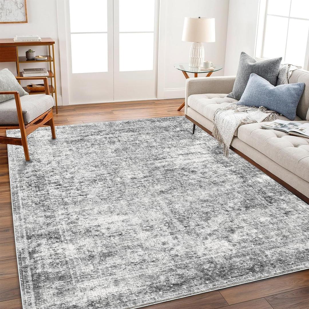 Area Rug 8x10 Washable Rug Gray Vintage Traditional Mat Distressed Indoor Foldable Thin Retro Accent Floral Non Slip Carpet Living Room Dining Room Office (8' x 10' (Rectangular), Grey)