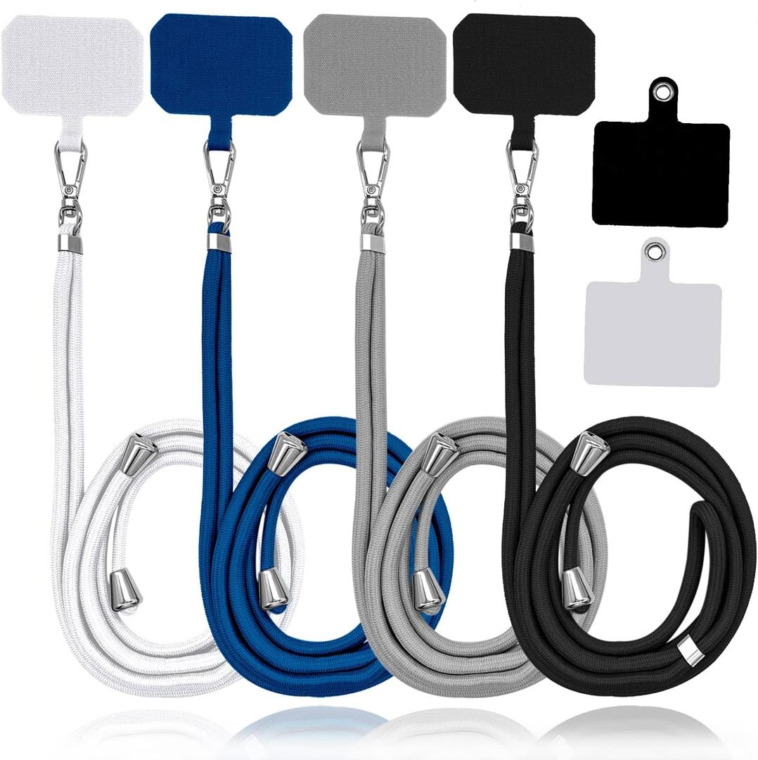 4 Pack Universal Phone Lanyard, Adjustable Nylon Neck Strap Cell Phone Crossbody Lanyards Straps + 6 Pcs Phone Patches, Detachable Strap Safety Tether & Pads for Most Smartphone, Black/White/Grey/Blue