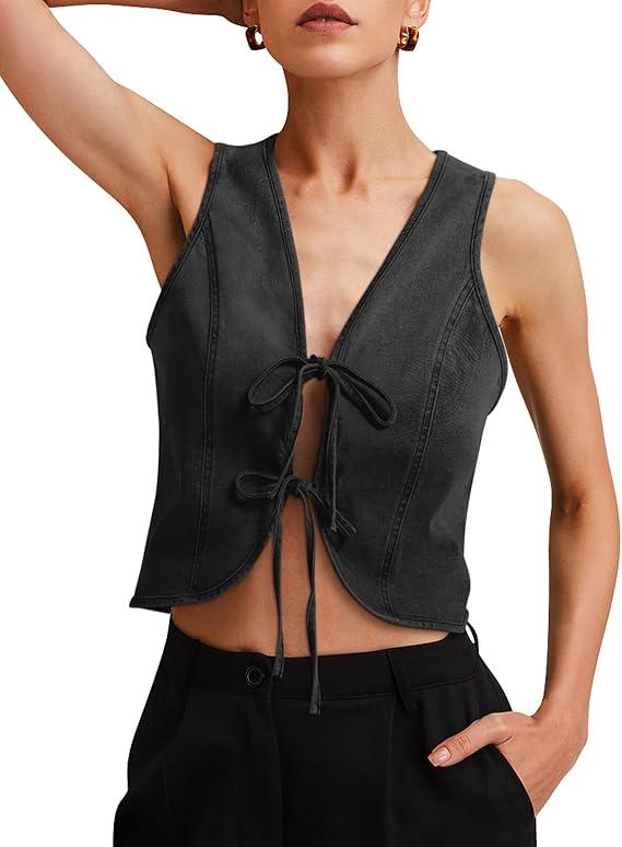 Women's Denim Vest Crop Sleeveless V Neck Denim Top Retro Tie Up Front Jean Vest (Medium, Black) Women's Denim Vest Crop Sleeveless V Neck Denim Top Retro Tie Up Front Jean Vest (Medium, Black)