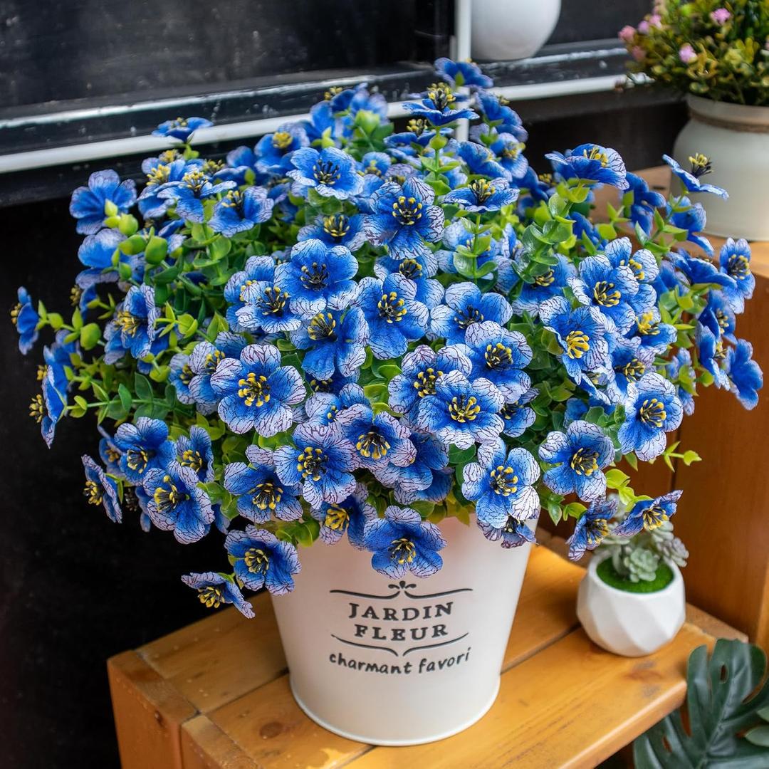 Artificial Flowers for Outdoors, 10 Bundles UV Resistant Artificial Outdoor Flowers, Not-Fading Silk Faux Flowers for Outdoor Planters for Home Garden Porch Decor, Blue