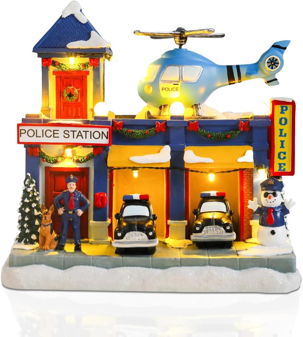 VCUTEKA Animated Christmas Village Houses, Lighted Musical Police Station Scene with Helicopter, Patrol Car, Dog, Victorian Xmas Village Collectible Building for Holiday Home Table Display Dcor (Blue)