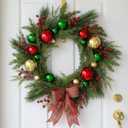 Christmas Wreath 26 Inch for Front Door, Large Artificial Pine Wreath with Red Green Gold Ornaments, Berries & Plaid Bow  Holiday Decoration for Home, Wall & Fireplace