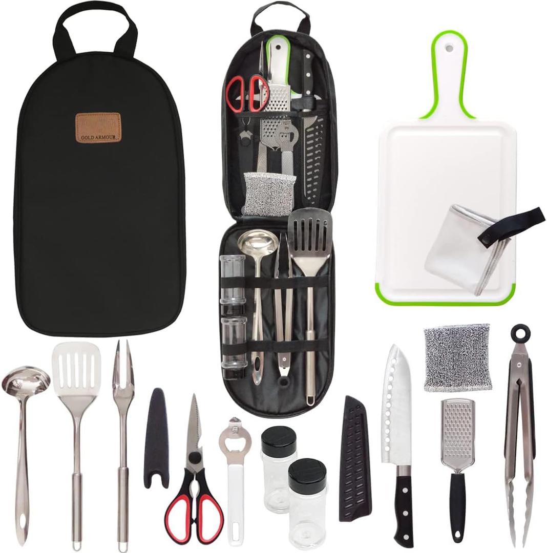 Camp Kitchen Utensil Organizer Travel Set Portable BBQ Camping Cookware Stainless Steel Utensils Travel Kit Outdoor Equipment Cutting Board Tongs Scissors Knife Ladle Spatula (New Version Black)