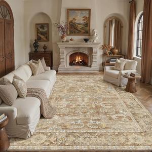 8x10 Area Rugs for Living Room, Ultra Soft Washable Non-Slip Rug for Bedroom Low-Pile Vintage Distressed Floral Print Accent Carpet for Dining Room Home Decor Office Beige Brown