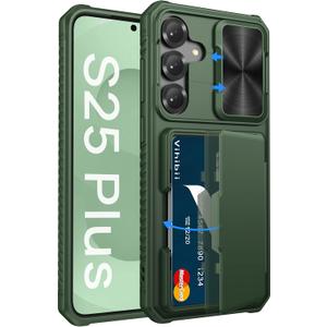 Vihibii for Samsung Galaxy S25+ Plus Wallet Case, Built-in Card Holder (4 Cards), [RFID Blocking] & Slide Camera Cover, Military Grade Drop Protection, TPU Soft Edge Case for Galaxy S25+ Plus, Green