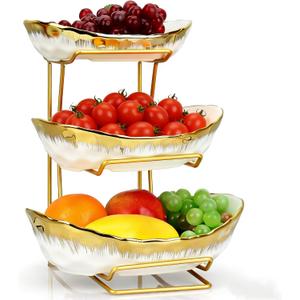 3 Tier Fruit Bowl for Kitchen Counter, Gold Trim Ceramic Fruit Stand Basket for Countertop, Fruit Rack with Thickened Metal Holder, Vegetable Bowl Dessert Nuts Bread Candy Storage (Gold Trim)