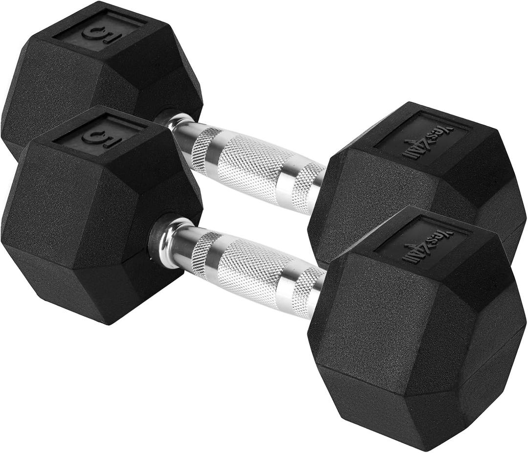 Yes4All Chrome/Rubber Grip Encased Hex Dumbbells  Hand Weights With Anti-Slip 10-30 LBS Pair
