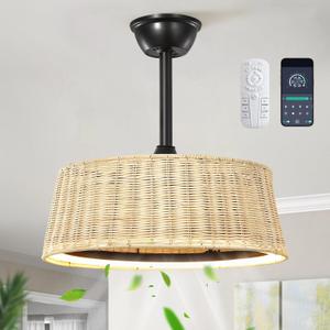 KAISITE 20 Inch Fandelier Ceiling Fan with Light Woven Rattan Ceiling Fan Dimmable LED Fan Light with Remote Control and APP Control Semi Flush Mount Ceiling Light with Fan for Bedroom Nursery