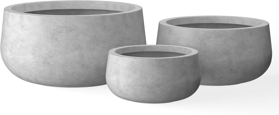Kante 19.6" Dia Round Concrete Planters Set of 3, Outdoor Indoor Garden Plant Pots with Drainage Hole and Rubber Plug, Modern Curvaceous Design, Natural Concrete, Pack of 1 