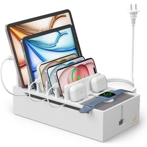 Pezin & Hulin Bamboo Charging Dock Station for Electronic Devices, Docking Organizer for Phone and Tablets, Smart Watch, Earbuds, Power Strip Box, Included 5-Port USB Charger and 6 Cables, White