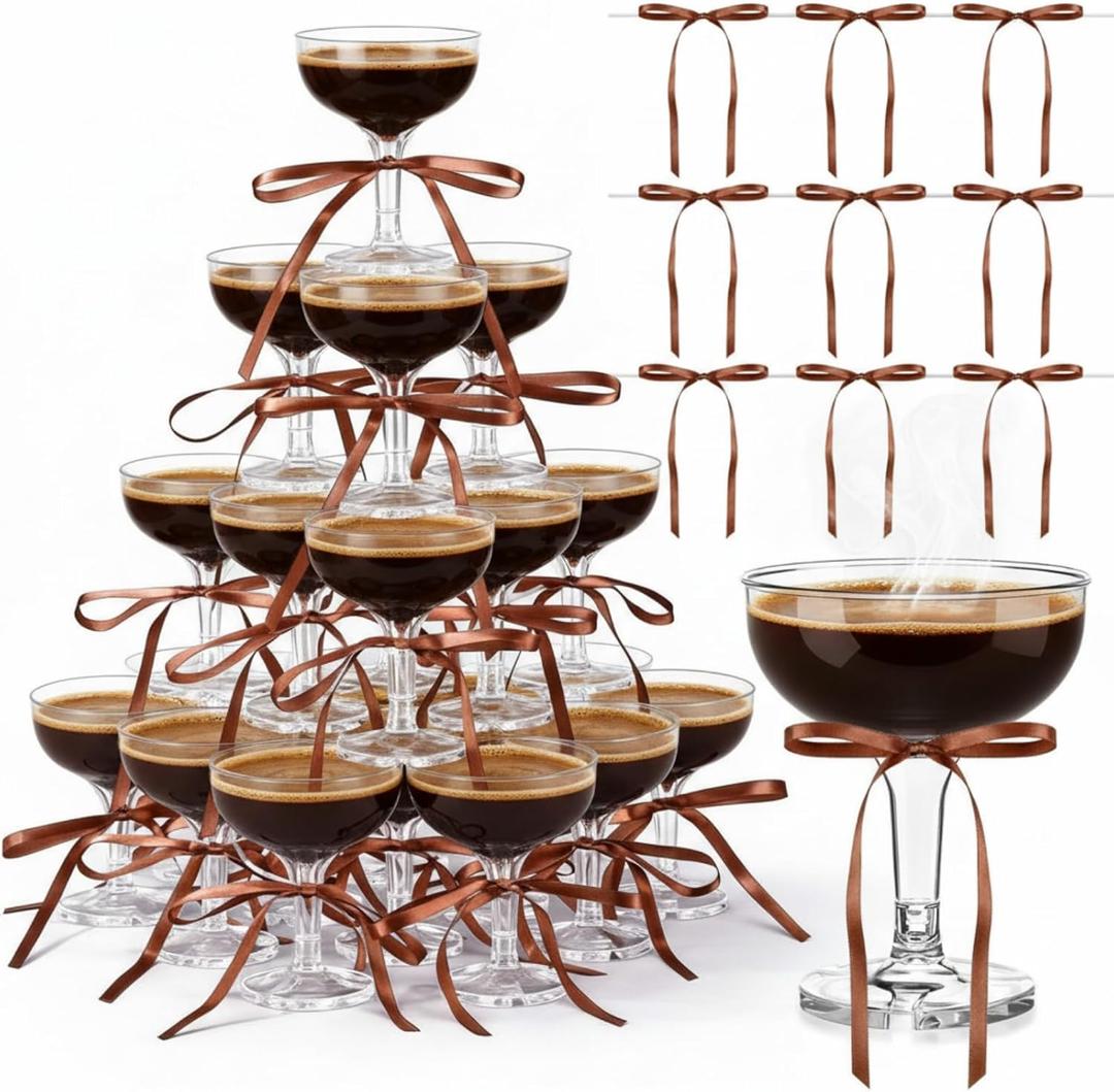 Zopeal 30 Set Disposable Plastic Coupe Glasses With Satin Ribbon Bow 5 oz Acrylic Champagne Tower Cocktail Unbreakable Plastic Martini Margarita Glasses for Birthday Wedding Party Bar (Coffee)