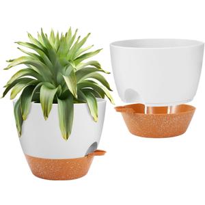 GARDIFE 10 inch Plant Pots,Self Watering Pots, 2 Pack Flower pots, Large Plastic Planters with Deep Reservior and High Drainage Holes for Indoor Outdoor Plants and Flowers, White