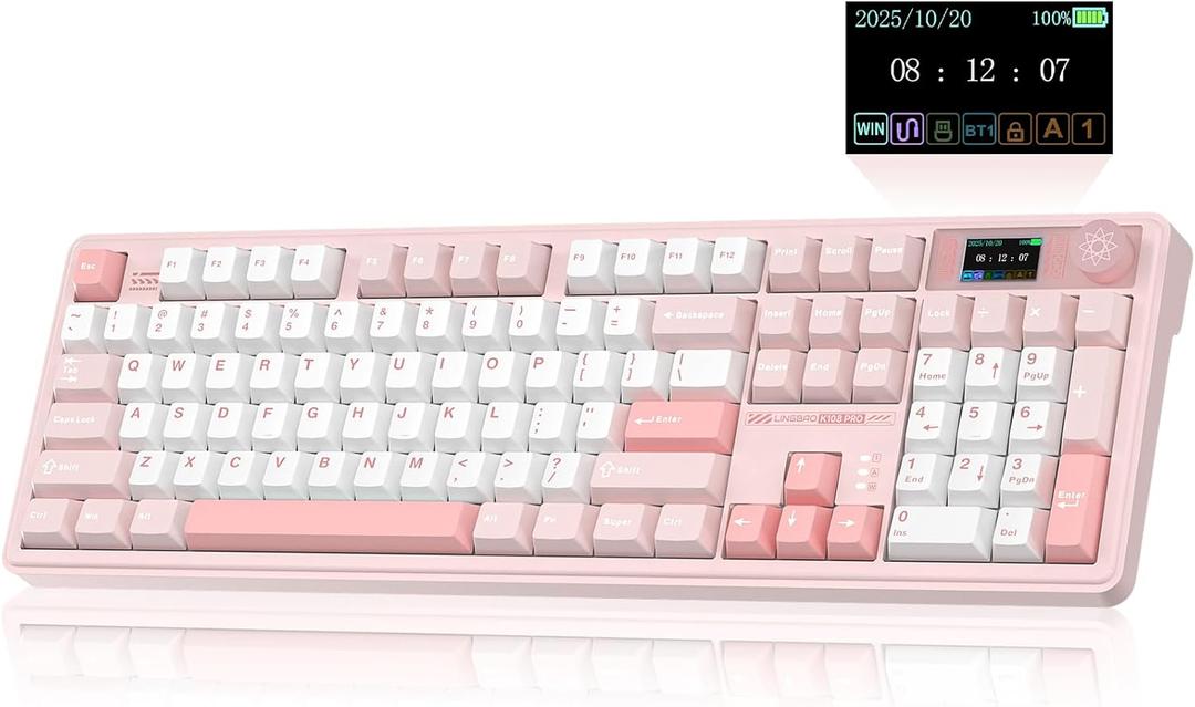 LINGBAO K108 Pro Wireless Mechanical Keyboard with Screen & Knob, Full Size Creamy Keyboard with Number Pad, 10000mAh Battery, PBT Keycaps, RGB Backlit, Hot-swappable Pink Gaming Keyboard for PC/Mac