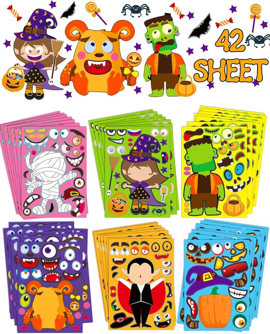 42 Sheets Halloween Party Favors Stickers for Kids, Halloween Crafts Make Your Own Stickers, Goodie Bag Fillers Toys Gifts Activities Games for Kids Party