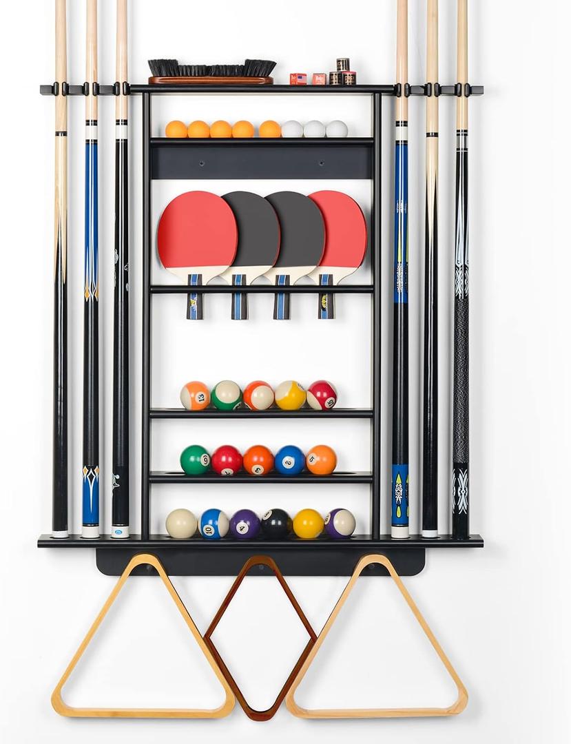 XCSOURCE Pool Stick Holder - 2-IN-1 Pool Cue & Ping Pong Paddle Rack, Solid Pine Wood Wall Mount for Billiards and Table Tennis Accessories, Man Cave, Game Room