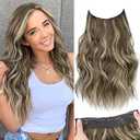 KooKaStyle Invisible Wire Hair Extensions with Transparent Headband Adjustable Size 4 Secure Clips Long Wavy Secret Wire Hairpiece 16 Inch 18H24#Medium Brown Ash Blonde for Women