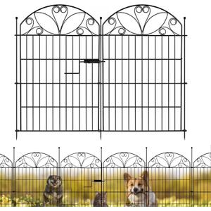 6 Panels No Dig Garden Fence with Gate, 32" H x 11ft, Decorative Metal Animal Barrier Dog Fence Outdoor for Yard, Walk-Through Iron Fencing for Flower Bed, Patio & Vegetable Garden