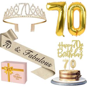70th Birthday Decorations for Women Gold with 70th Birthday Sash and Tiara, Cake Topper and Candles, Number Balloons, 70 Year Old Gifts for Women