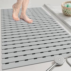 OTHWAY Large Shower Mat, 35.4 x 24 Inch No Suction Cup Shower Mat Non Slip, Quick Drain Shower Mats for Inside Shower, Heavy Duty PVC Shower Floor Mat, Curlable Shower Stall Mat (Light Grey)