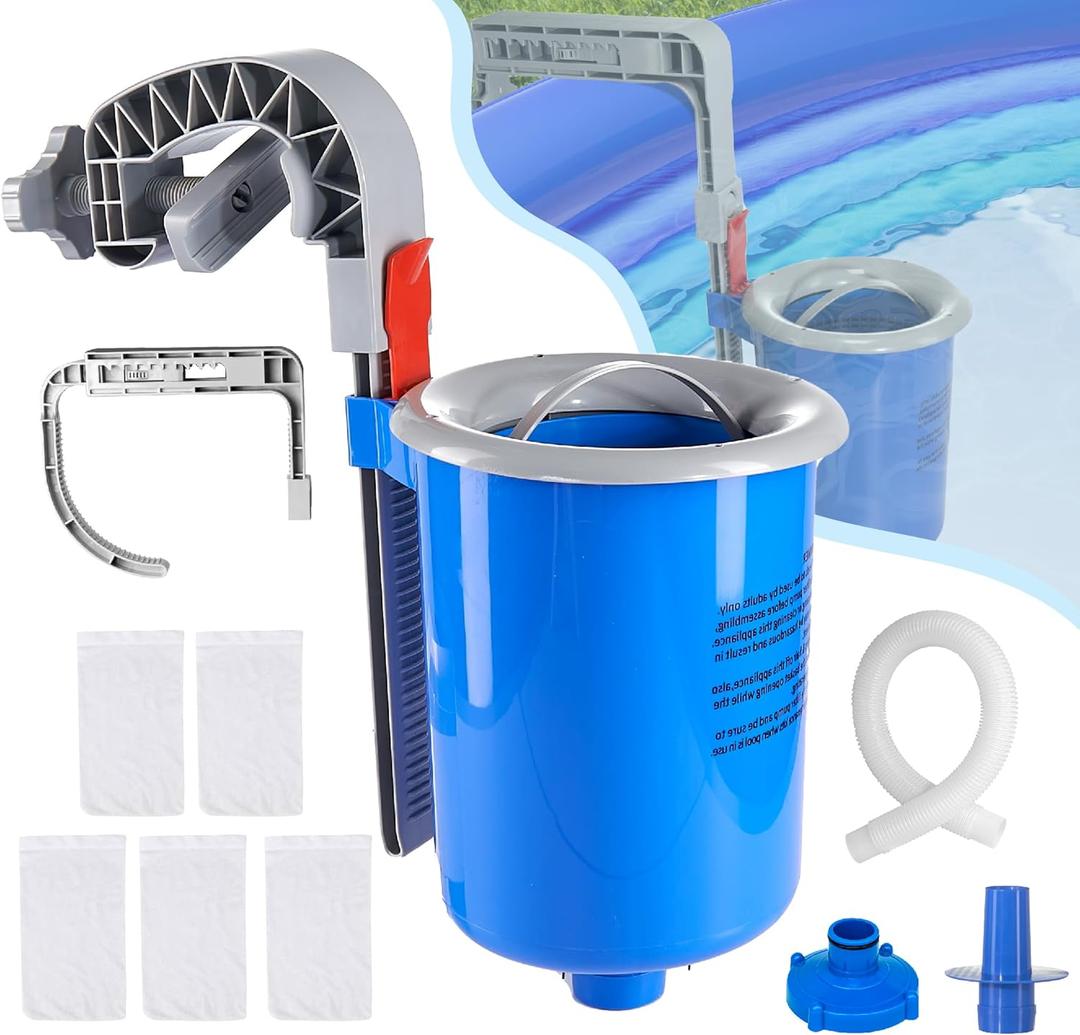 Above Ground Pool Skimmer with 5 Pool Skimmer Socks, Wall Mount Pool Surface Skimmer with Hose and Basket, Adjustable Floating Pool Filter, Automatically Cleans and Removes Pool Surfaces Leaves