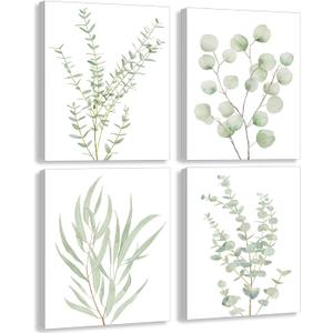 Erctoo Botanical Plant Canvas Wall Art, Framed Boho Wall Decor for Bathroom, Minimalist Aesthetic Bedroom Wall Art, Sage Green Eucalyptus Leaf Prints for Office, Set of 4PCS, 8X10 (8"x10"x0.55"/20x25x1.5cm)