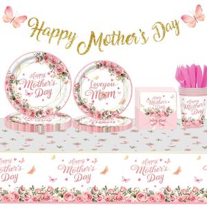 Happy Mothers Day Decorations Plates Set for Party - Serves 24, Includes Happy Mothers Day Banner, 2 Mothers Day Tablecloths, Pink Floral Plates, Napkins, Cups Table Decor Sign for Mom
