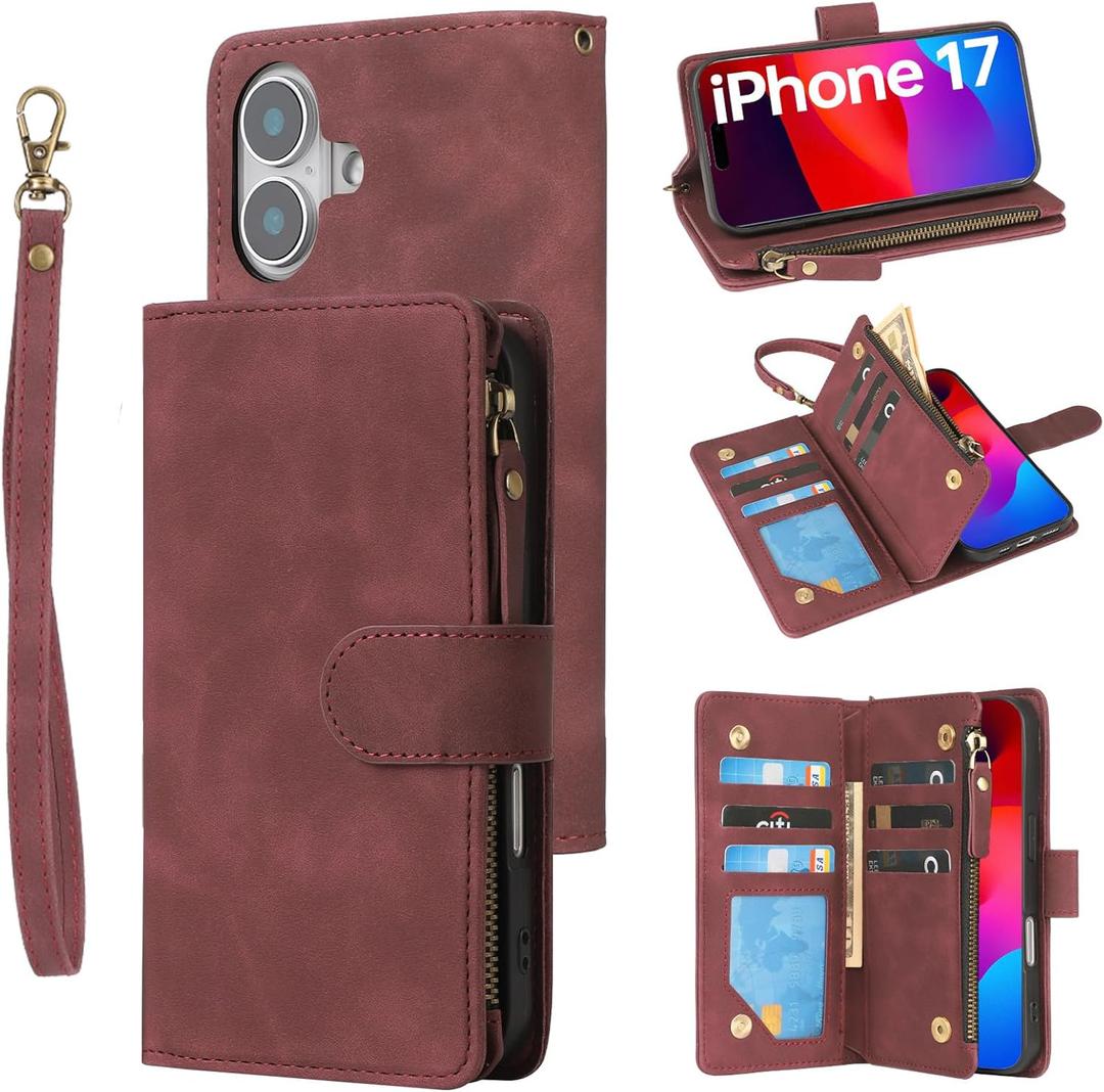 RANYOK Wallet Case Compatible with iPhone 17 Case, with 6 Card Holder RFID Blocking, PU Leather Zipper Flip Wallet Pocket, Kickstand, Wrist Strap | Protective Phone Cover for 17, Wine Red