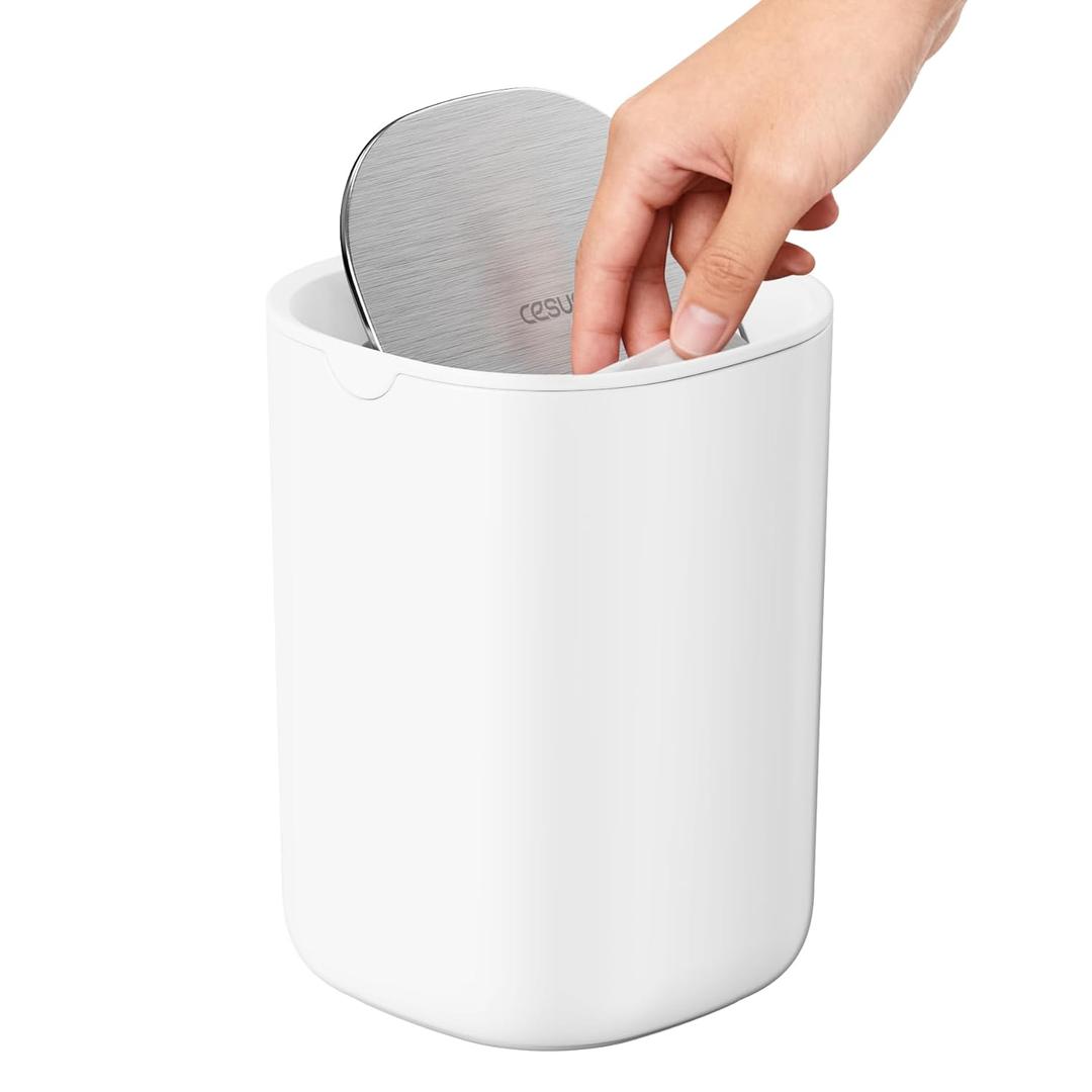Cesun Mini Desktop Garbage Can with Swing Lid, 0.4 Gallon Small Desk Garbage Can, Countertop Wastebasket, Modern Tiny Tabletop Bin for Home Office, Makeup Area, or Car Interior (White)