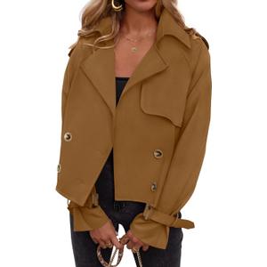 ZESICA Womens Long Sleeve Crop Trench Coat Lapel Double Breasted Loose Casual Jacket with Pockets (Brown, L)