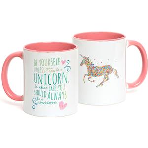 CSM Supply Be Yourself Unless You Can Be A Unicorn - 11 fluid ounce Grade A Quality Ceramic Two Tone Pink/White Ceramic Mug/Cup - Perfect Funny/Inspirational Gift - Foam Gift Box Included