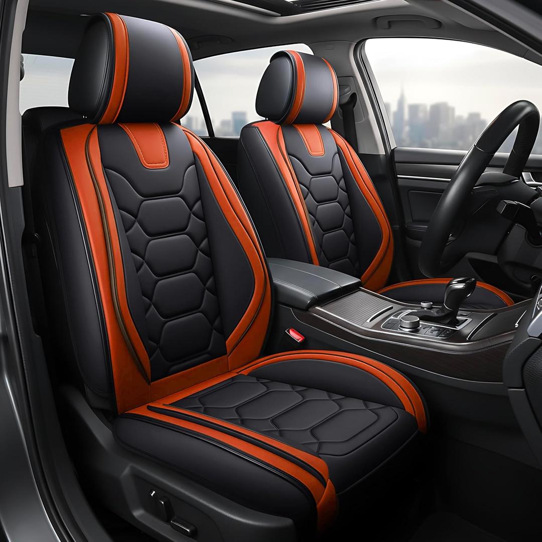 OASIS AUTO Car Seat Covers Front Seats, Sporty Honeycomb Waterproof Faux Leather Protectors, Universal Fit for SUV, Sedan, Truck Interior Accessories (OS-004 Black & Orange)