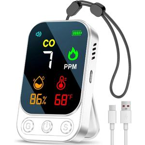 3-in-1 Portable Carbon Monoxide Detector for Travel, Home, Camping, RVs, Mini Size, Type-C Fast Charging, Lanyard & Stand Included, Monitors CO, Temperature & Humidity.