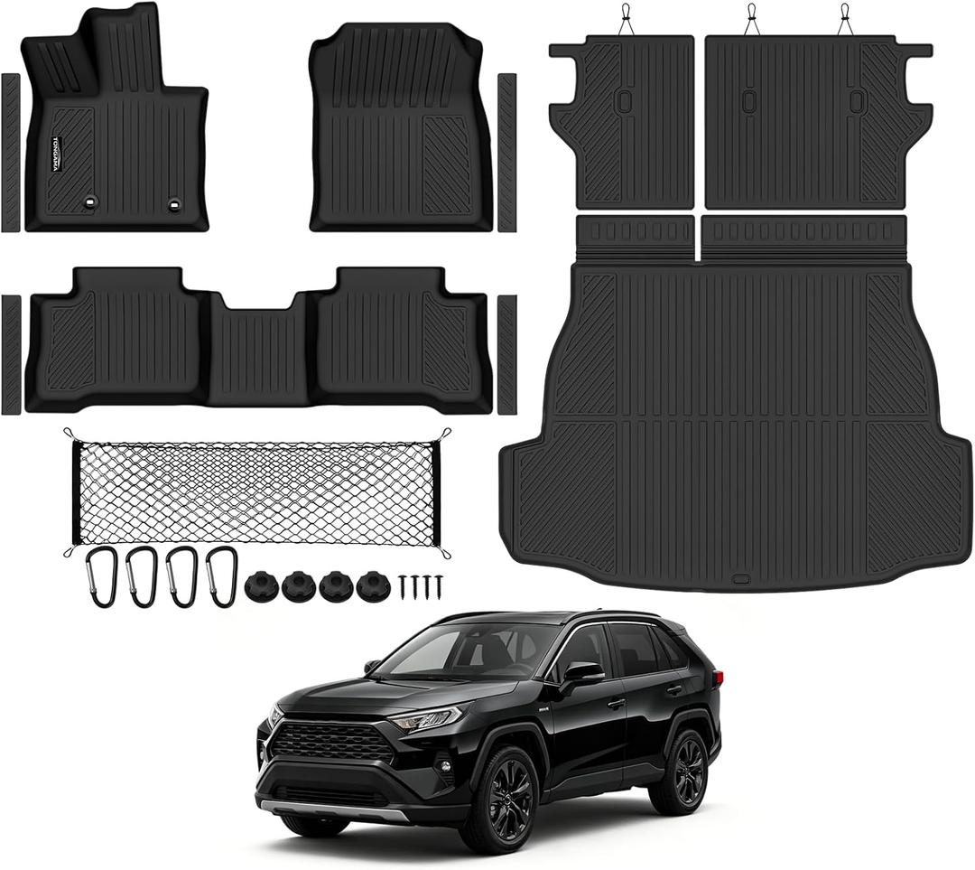Tongama-Floor Mats for 2026 Toyota RAV4 Hybrid(Not for PHEV)(Trunk Mat Left Side Cuttable), All Weather TPE Trunk Mat & Backrest Mats & Cargo Net & Door Sill Guards for RAV4 Accessories