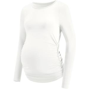 LOMON Maternity Shirts Long Sleeve Thermal Tops Side Ruched Casual Tshirt Crewneck Fleece Base Layer for Pregnant Women (White, L)